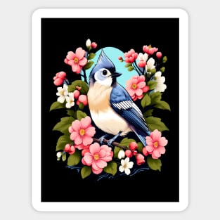 Cute Tufted Titmouse Surrounded by Vibrant Spring Flowers Sticker